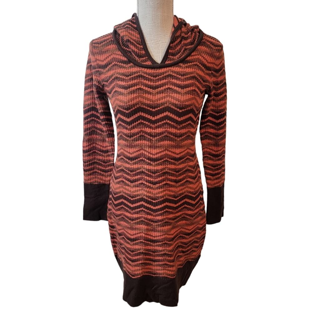 Prana “Meryl” Chevron Orange and Brown Hooded Sweater Dress Size Small